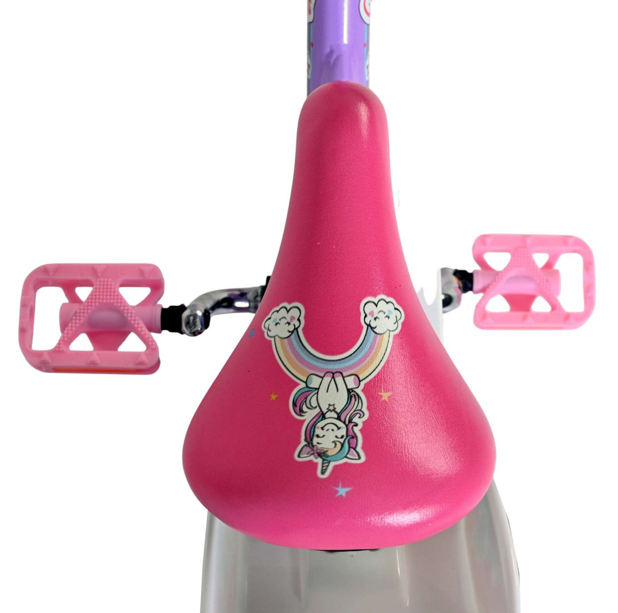 Rosa Kindersitz mit Einhornmotiv und pinken Pedalen