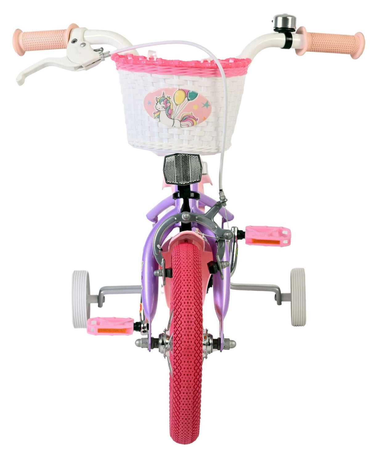 Volare Unicorn Kinderfahrrad Mädchen 12 Zoll – Lila mit Stützrädern, Hand- & Rücktrittbremse, Korb und Puppensitz