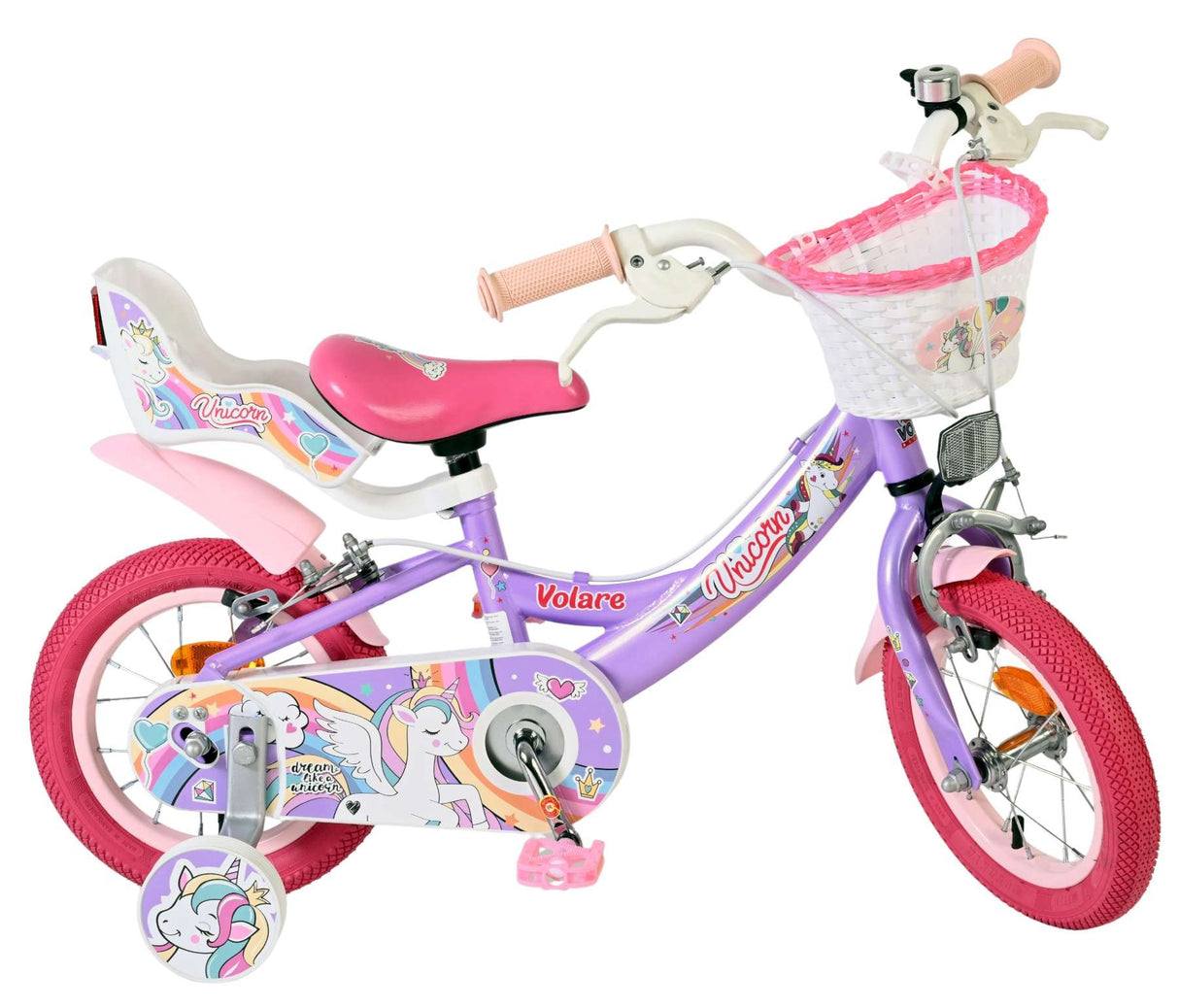Lila Kinderfahrrad mit Einhorn-Motiv und Korb vorne