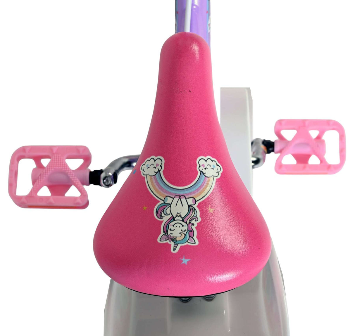 Rosa Fahrradsattel mit Einhorn-Motiv und bunten Pedalen