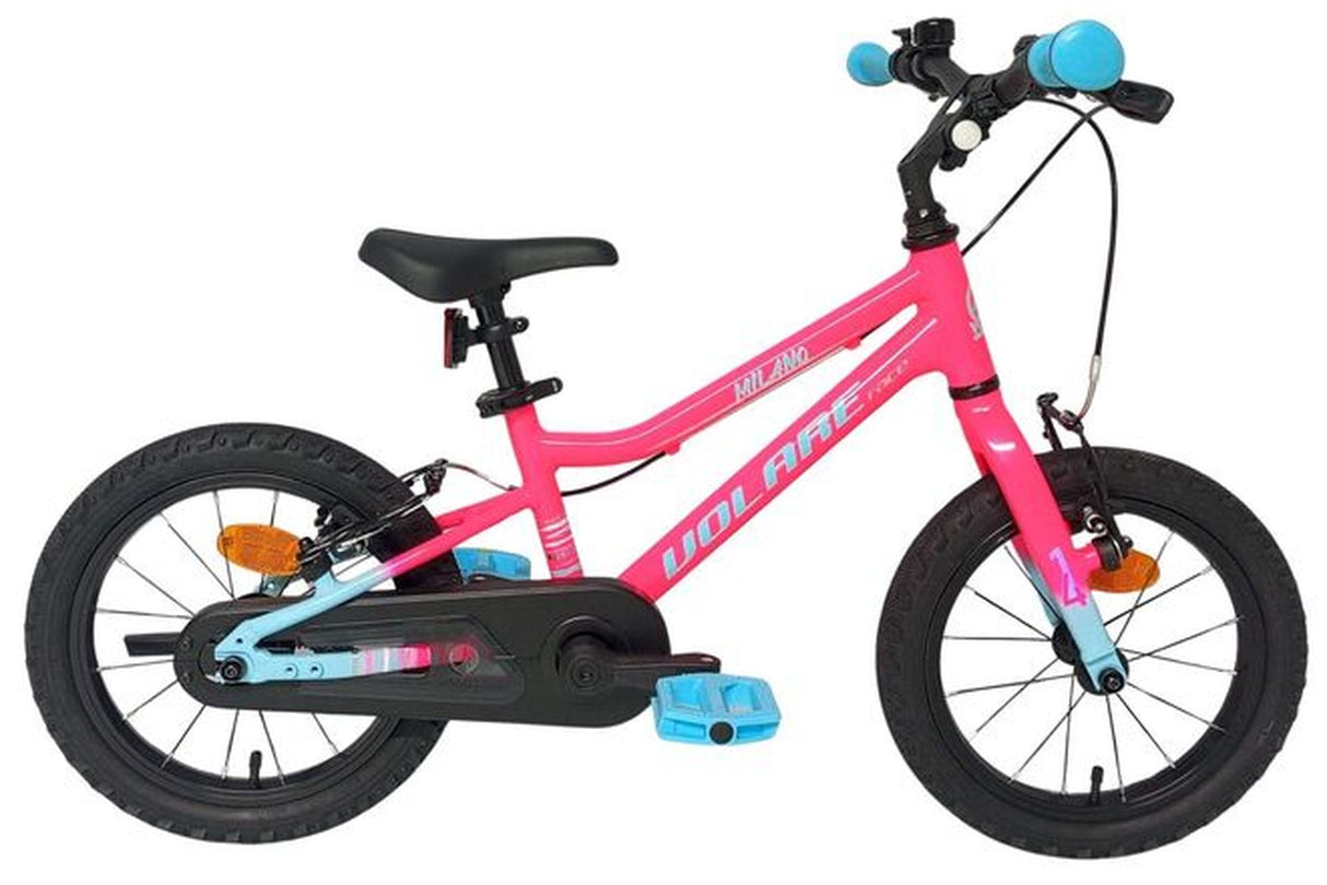 Rosa Kinderfahrrad mit blauen Akzenten und 16-Zoll-Rädern