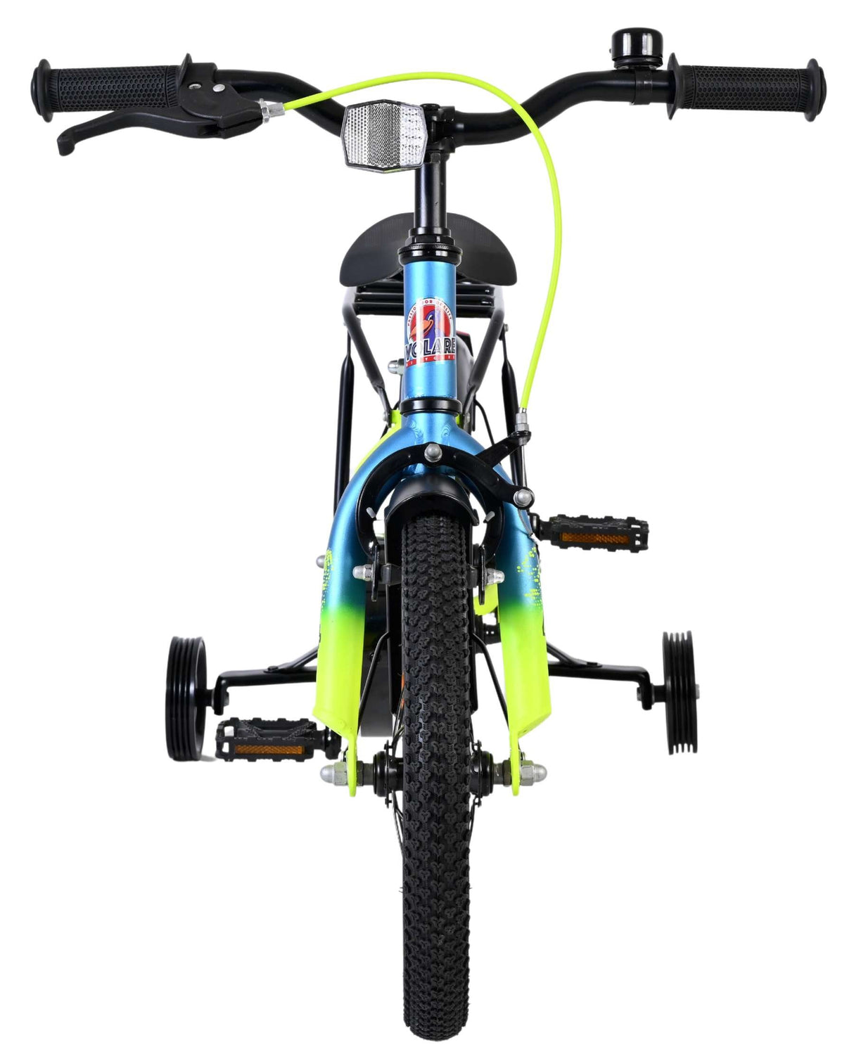 Kinderfahrrad mit Stützrädern, blauer Rahmen und grünen Akzenten