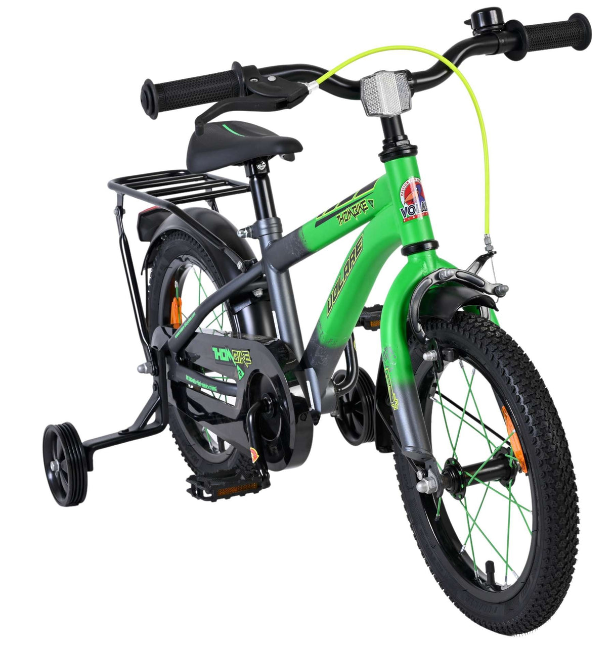 Kinderfahrrad in Grün mit Stützrädern und Gepäckträger