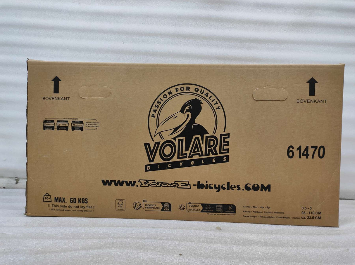 Kartonverpackung für ein Fahrrad mit Logo und Gewichtsangabe