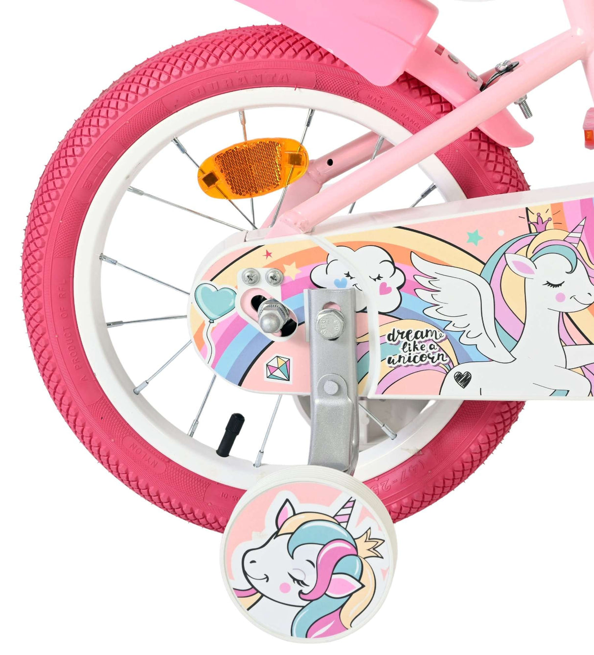 Rosa Kinderfahrrad mit Einhorn-Motiv und pinkem Reifen