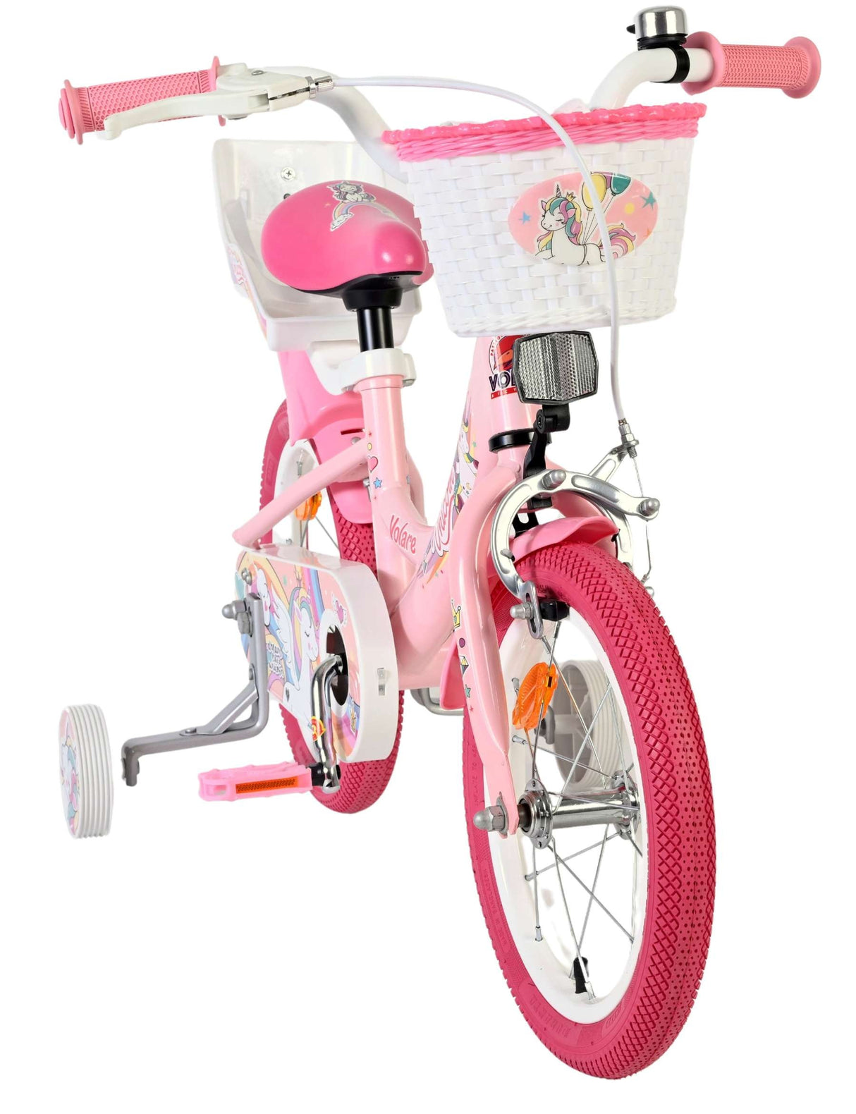 Rosa Kinderfahrrad mit Einhorn-Motiv und Korb vorne