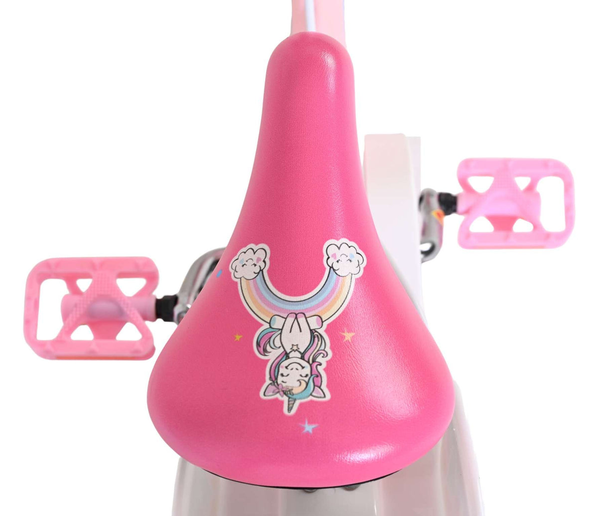 Rosa Fahrradsattel mit Einhorn-Design und Regenbogenmotiv