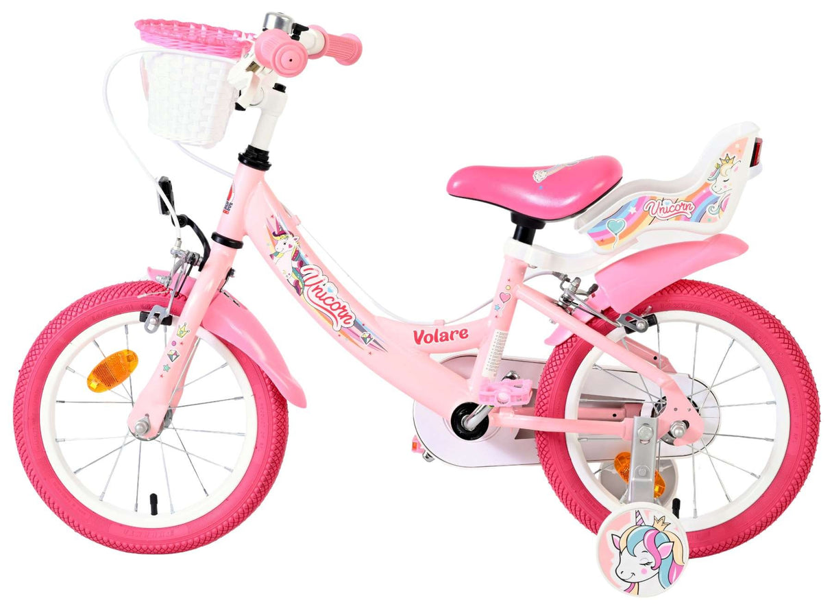 Rosa Kinderfahrrad mit Einhornmotiven und Korb vorne