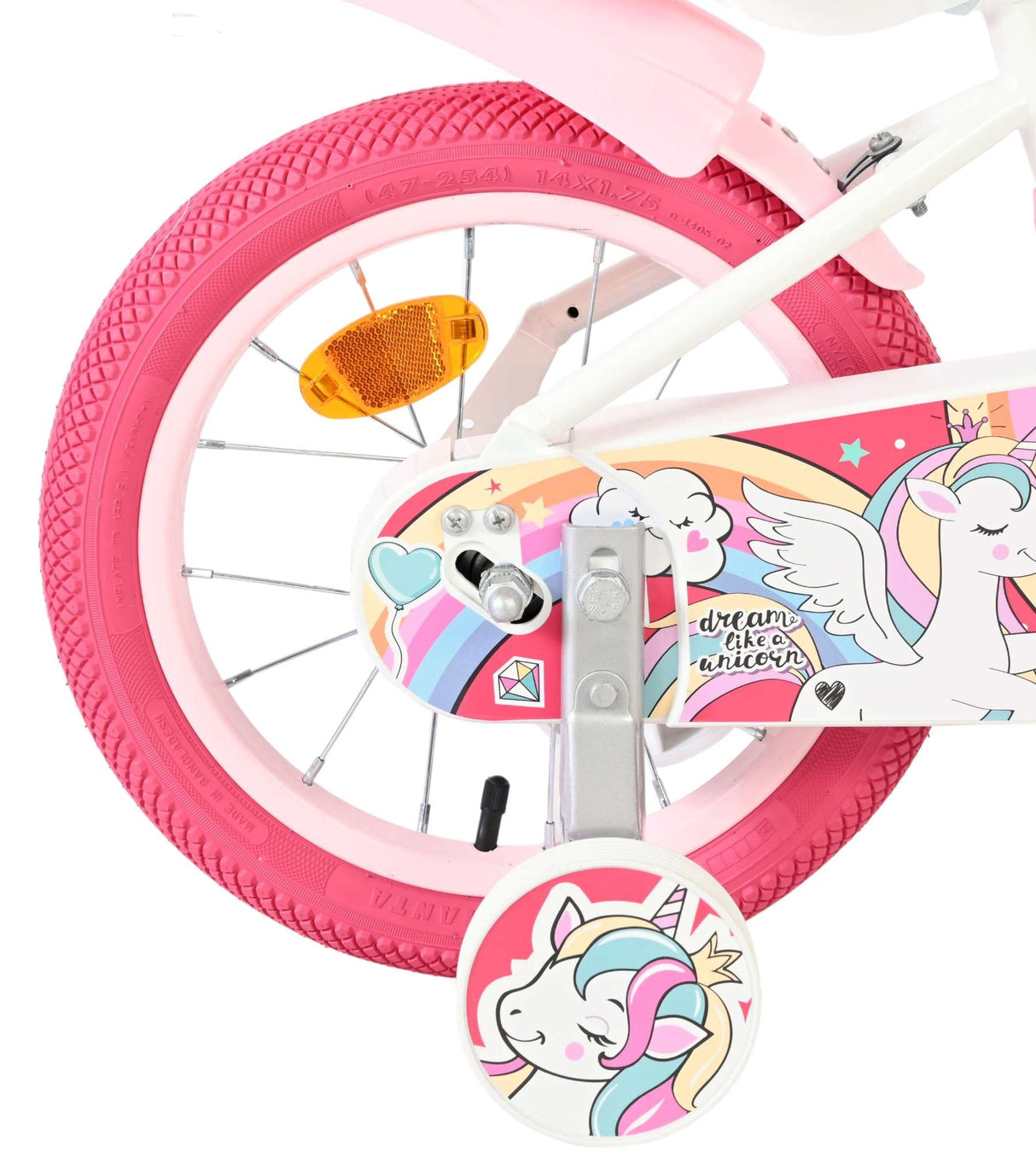 Rosa Kinderfahrrad mit Einhorn-Motiv und pinken Reifen