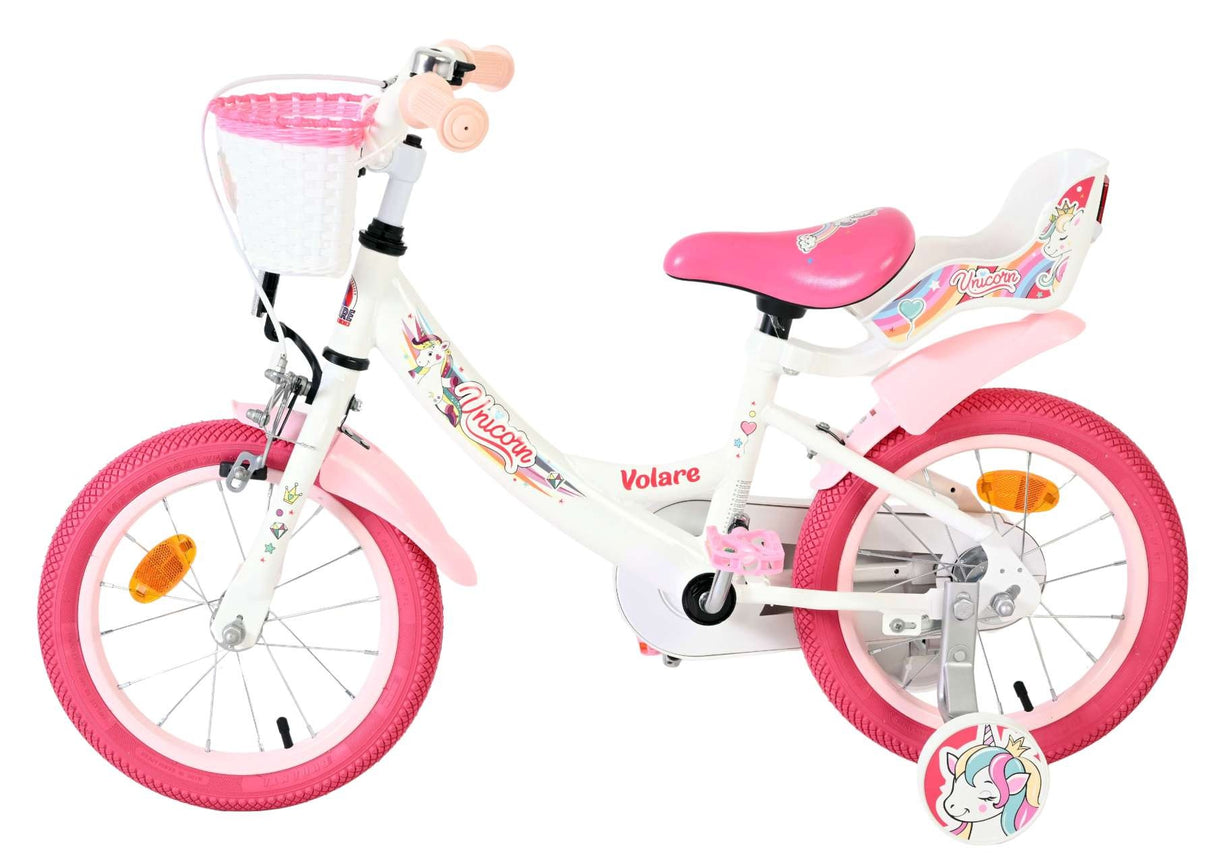 Kinderfahrrad in Weiß und Pink mit Korb und Einhorn-Design