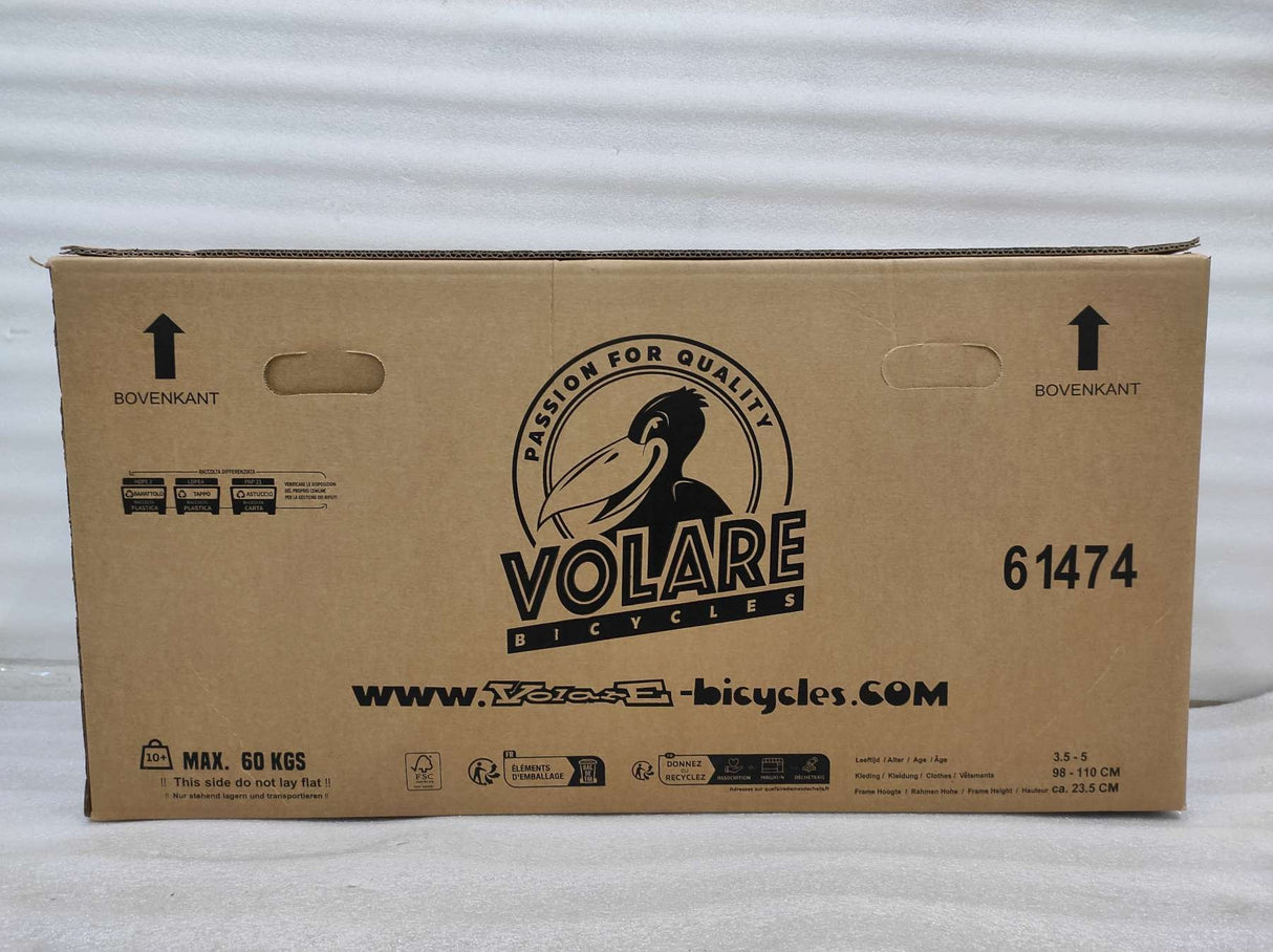 Kartonverpackung für ein Fahrrad mit Logo und Gewichtsangabe