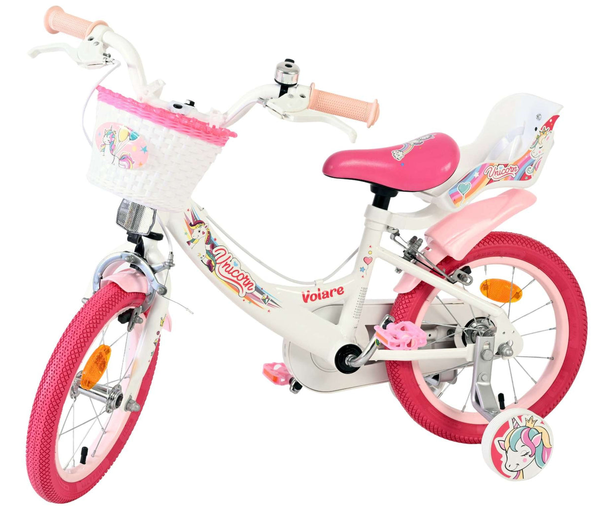 Kinderfahrrad in Weiß und Pink mit Einhorn-Motiv und Korb