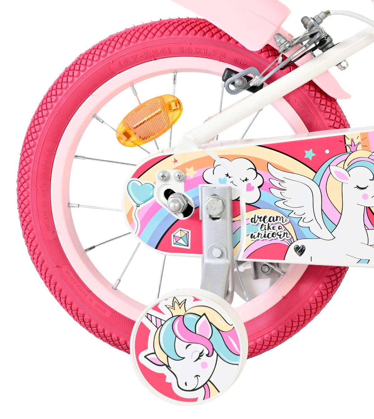 Rosa Fahrrad mit Einhorn-Motiv und bunten Reifen und Pedalen