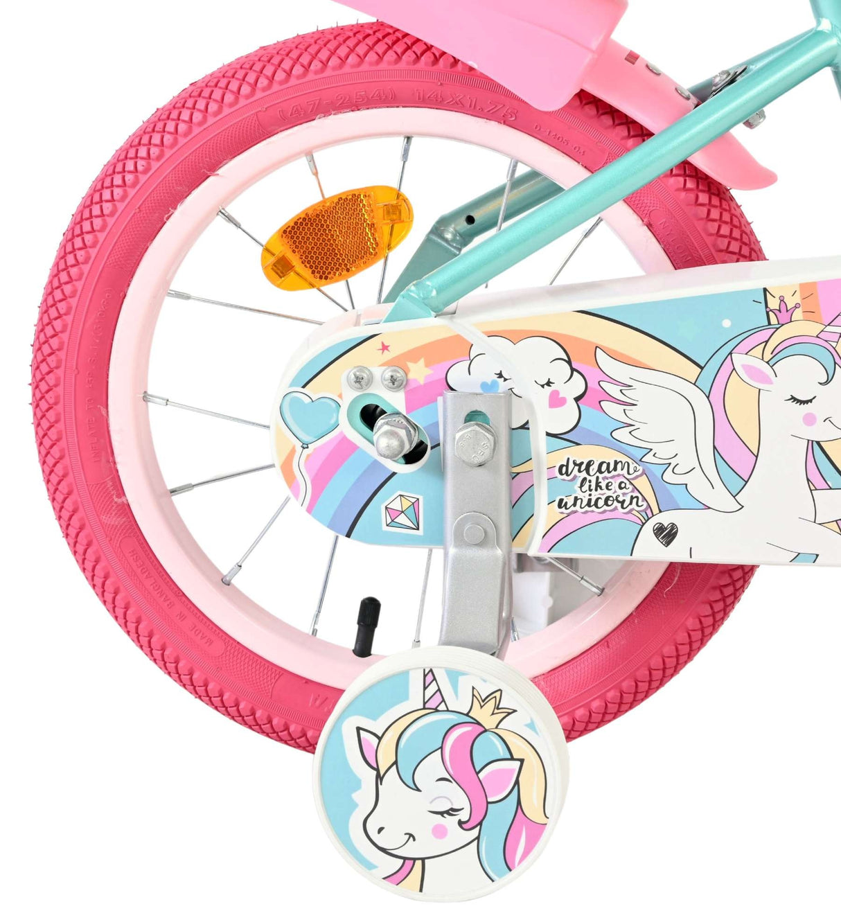 Buntes Kinderfahrrad mit Einhorn-Motiv und pinken Reifen