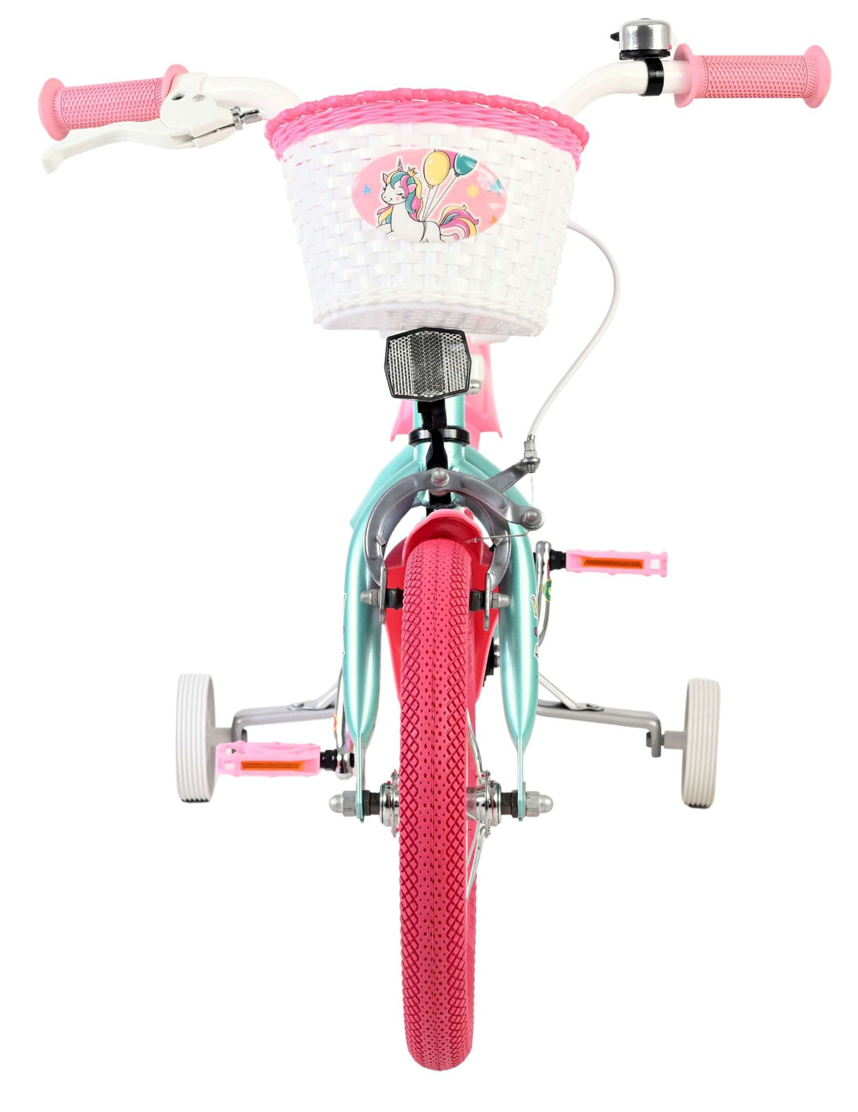 Kinderfahrrad mit pinkem Korb und Einhornmotiv, zwei Stützrädern