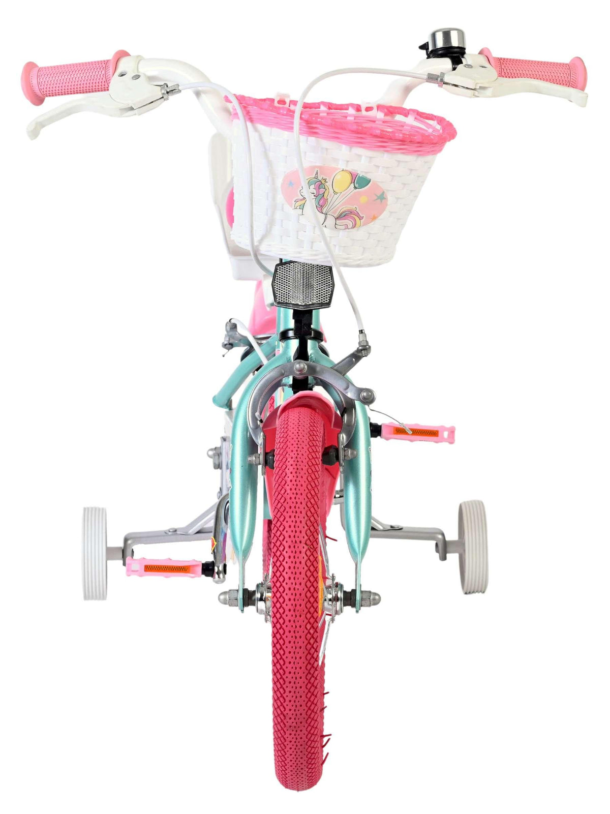 Kinderfahrrad mit pinken Reifen und Korb vorne, hellblau und pink