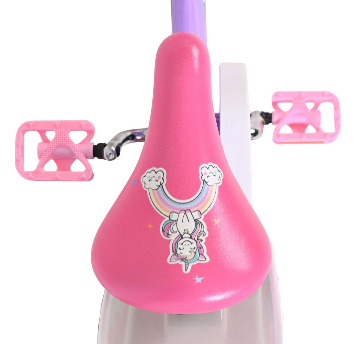 Rosa Fahrradsattel mit Einhorn-Design und Regenbogenmotiv