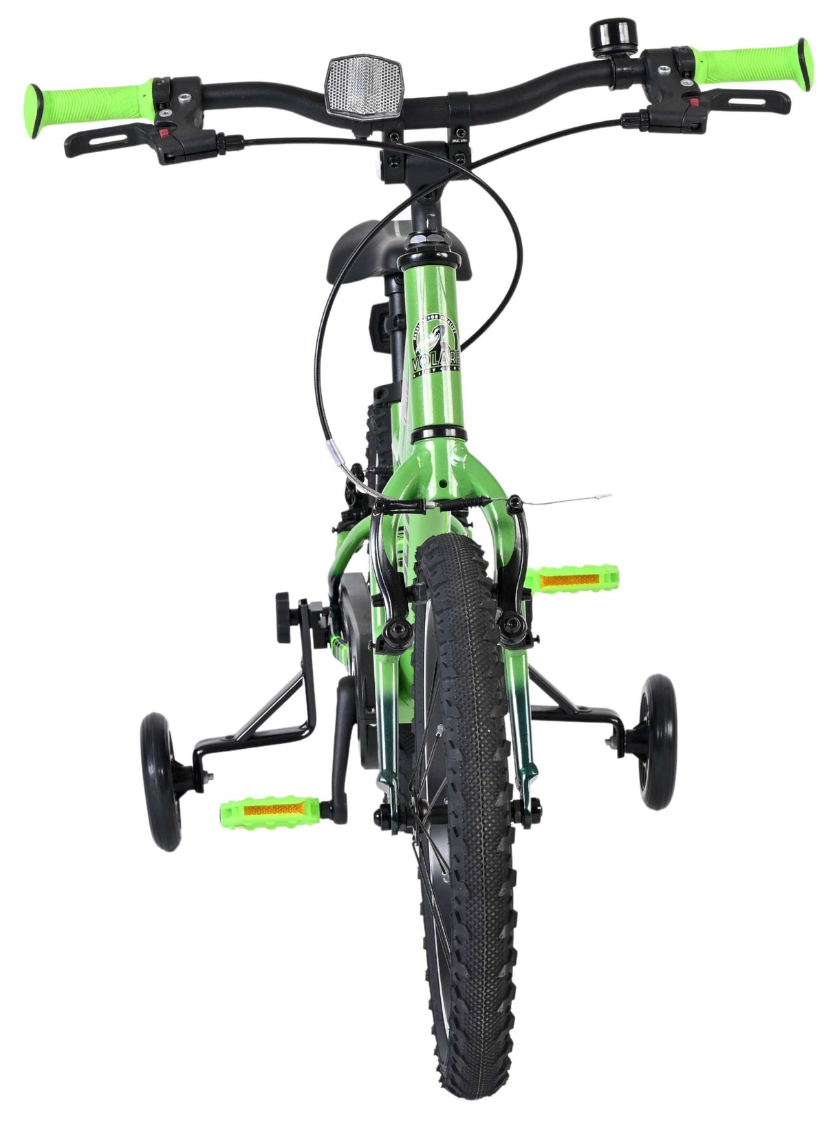 Kinderfahrrad in Grün mit Stützrädern und reflektierendem Scheinwerfer