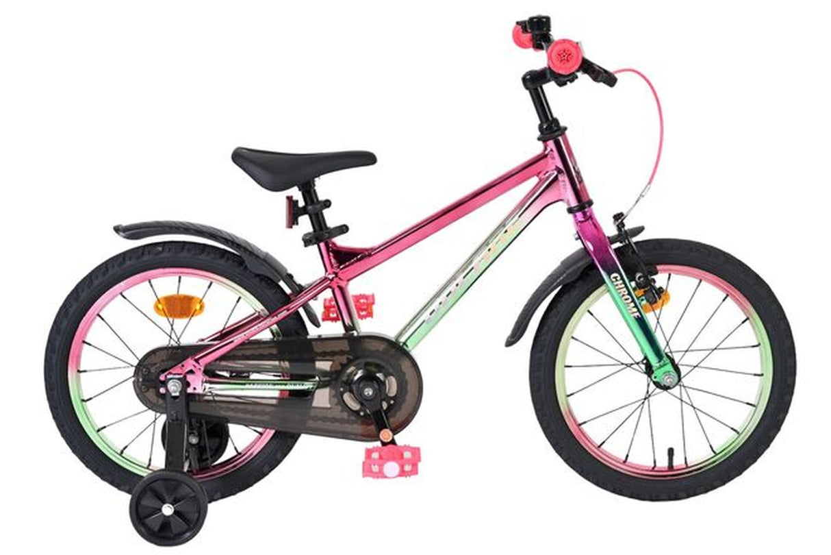 Rosa Kinderfahrrad mit Stützrädern und bunten Akzenten