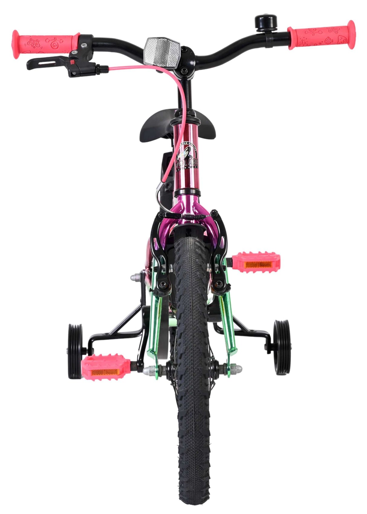 Kinderfahrrad in Pink mit grünen Pedalen und Stützrädern