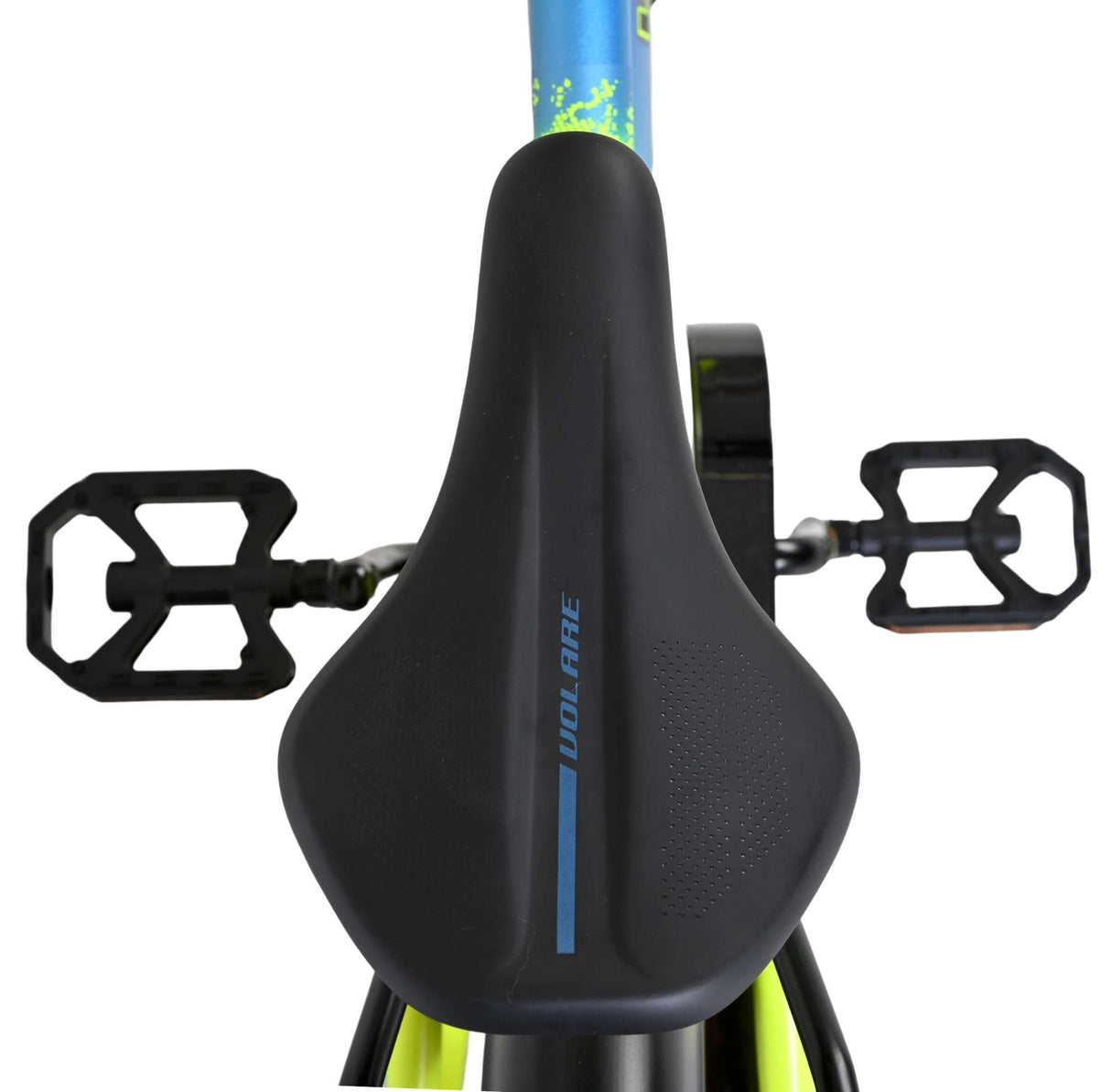 Schwarzer Fahrradsattel mit Pedalen in gelb und schwarz