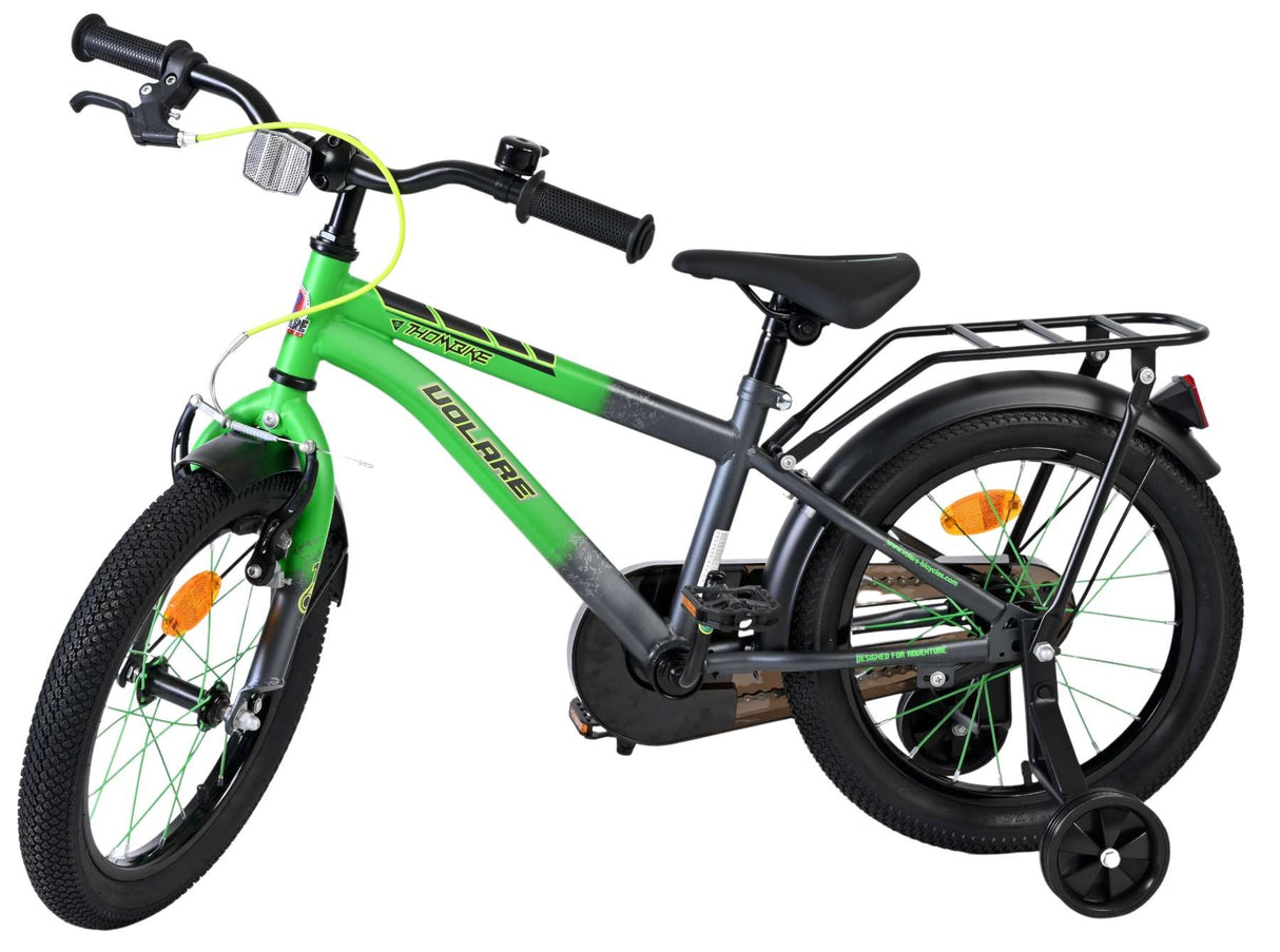Grünes Kinderfahrrad mit 16-Zoll-Rädern und Gepäckträger