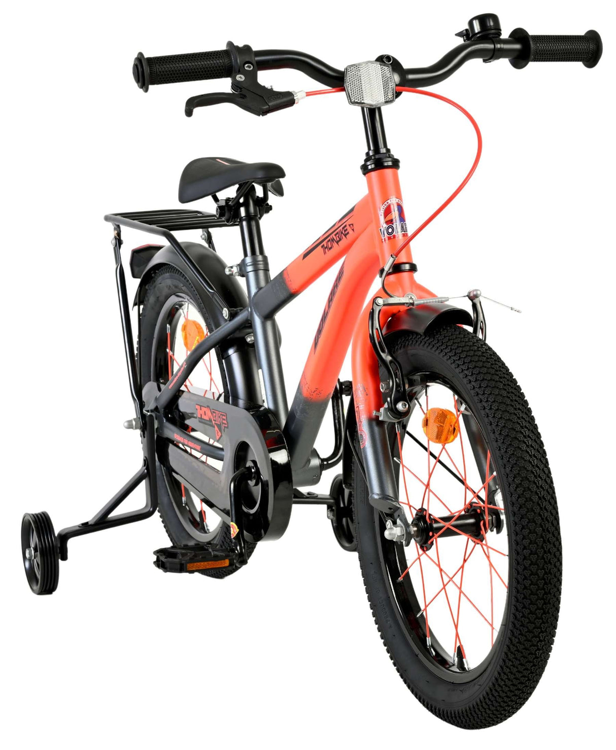 Kinderfahrrad in Orange und Schwarz mit Stützrädern und sportlichem Design