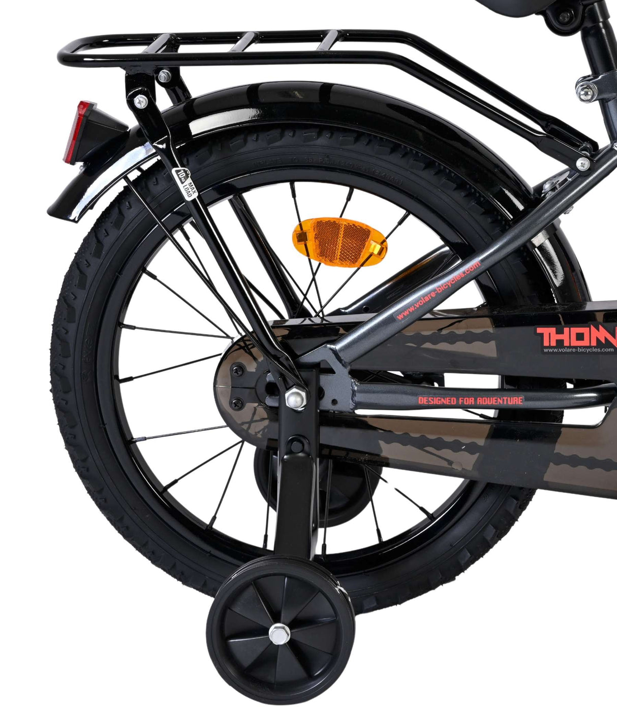 Schwarzes Fahrrad mit stabiler Hinterradaufhängung und Stützrad