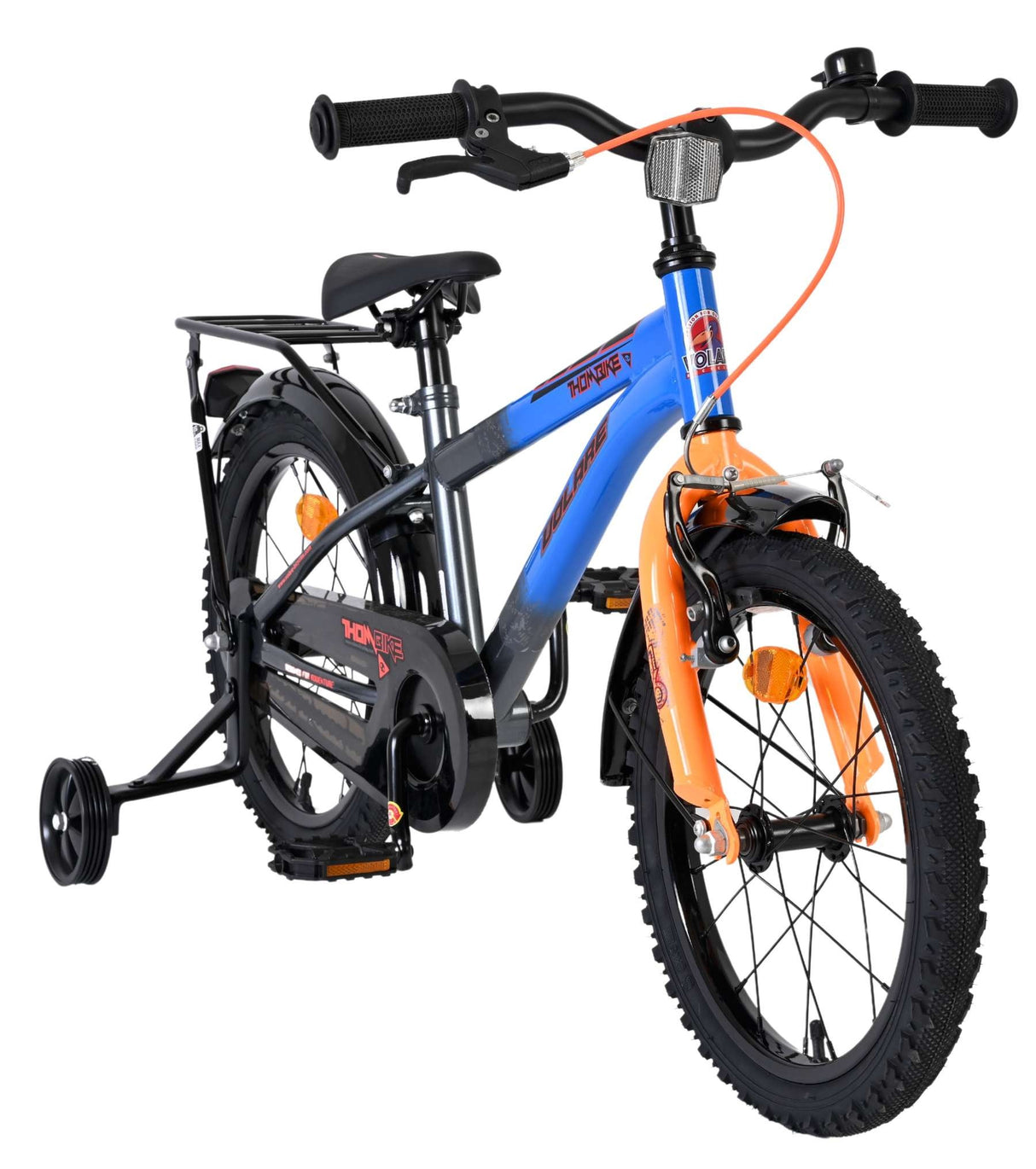 Kinderfahrrad in Blau und Orange mit Stützrädern und groben Reifen