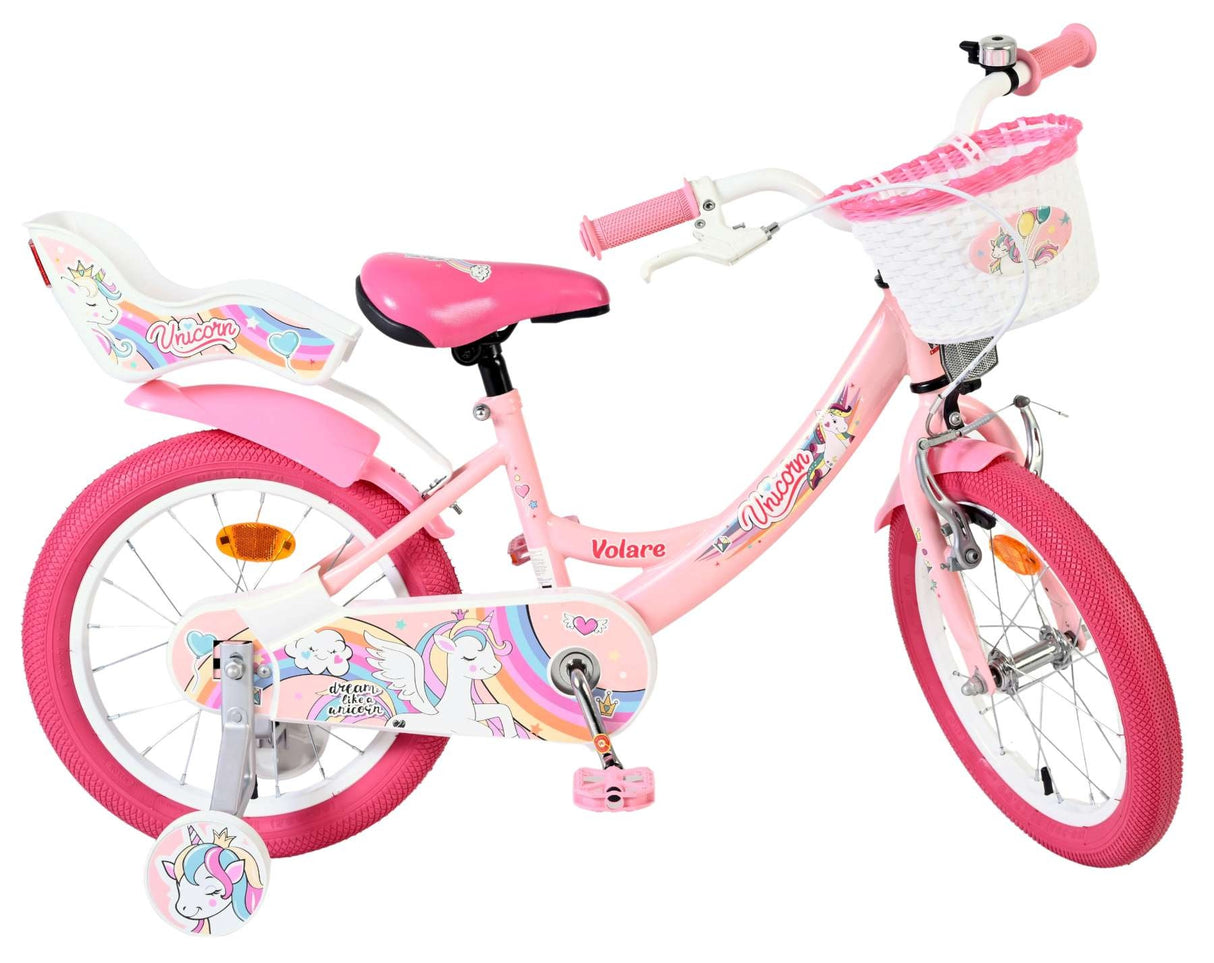 Volare Unicorn Kinderfahrrad – Mädchen – 16 Zoll – Rosa – Korb, Puppensitz, abnehmbare Stützräder, Rücktritt- & Handbremse, geschlossener Kettenschutz