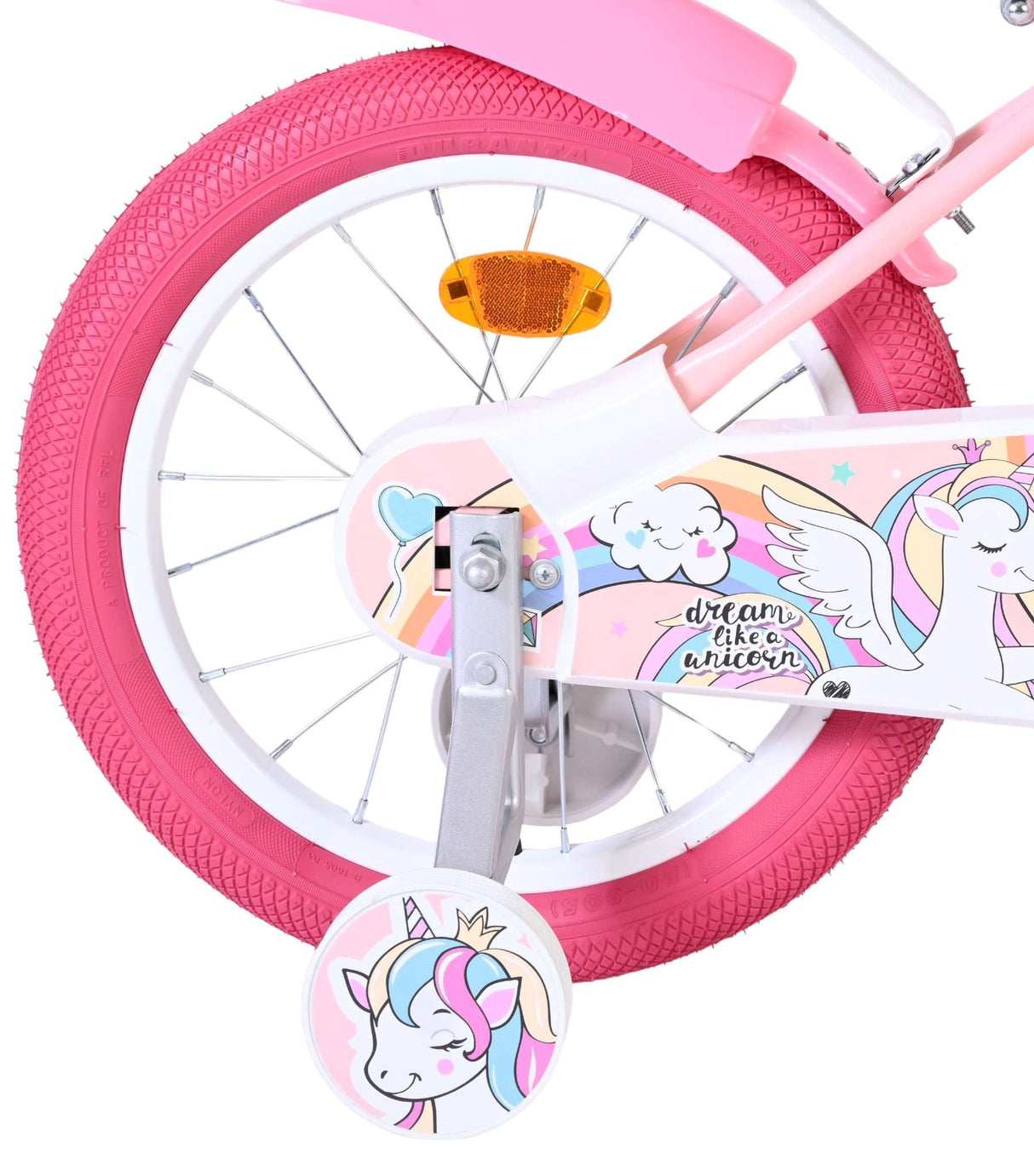 Pinkes Kinderfahrrad mit Einhorn-Motiv und buntem Regenbogen auf dem Rahmen