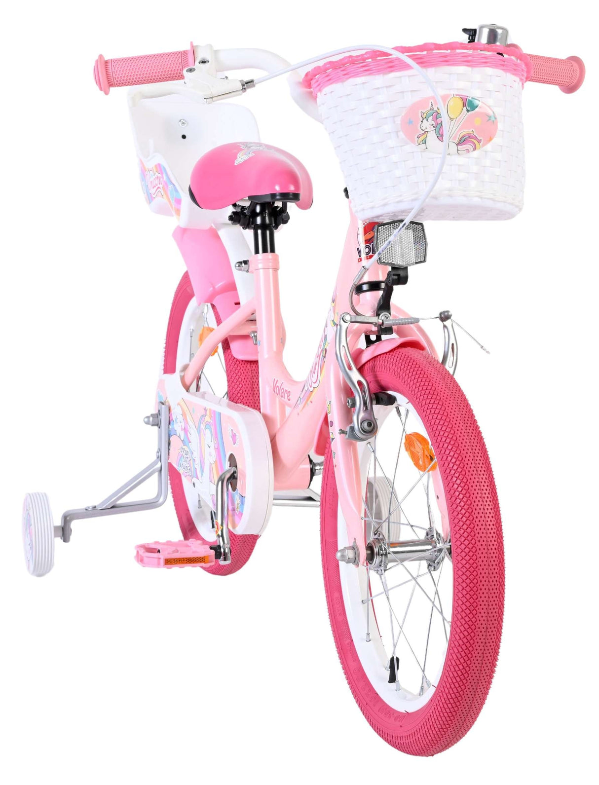 Rosa Kinderfahrrad mit Korb und Stützrädern, verspieltes Design
