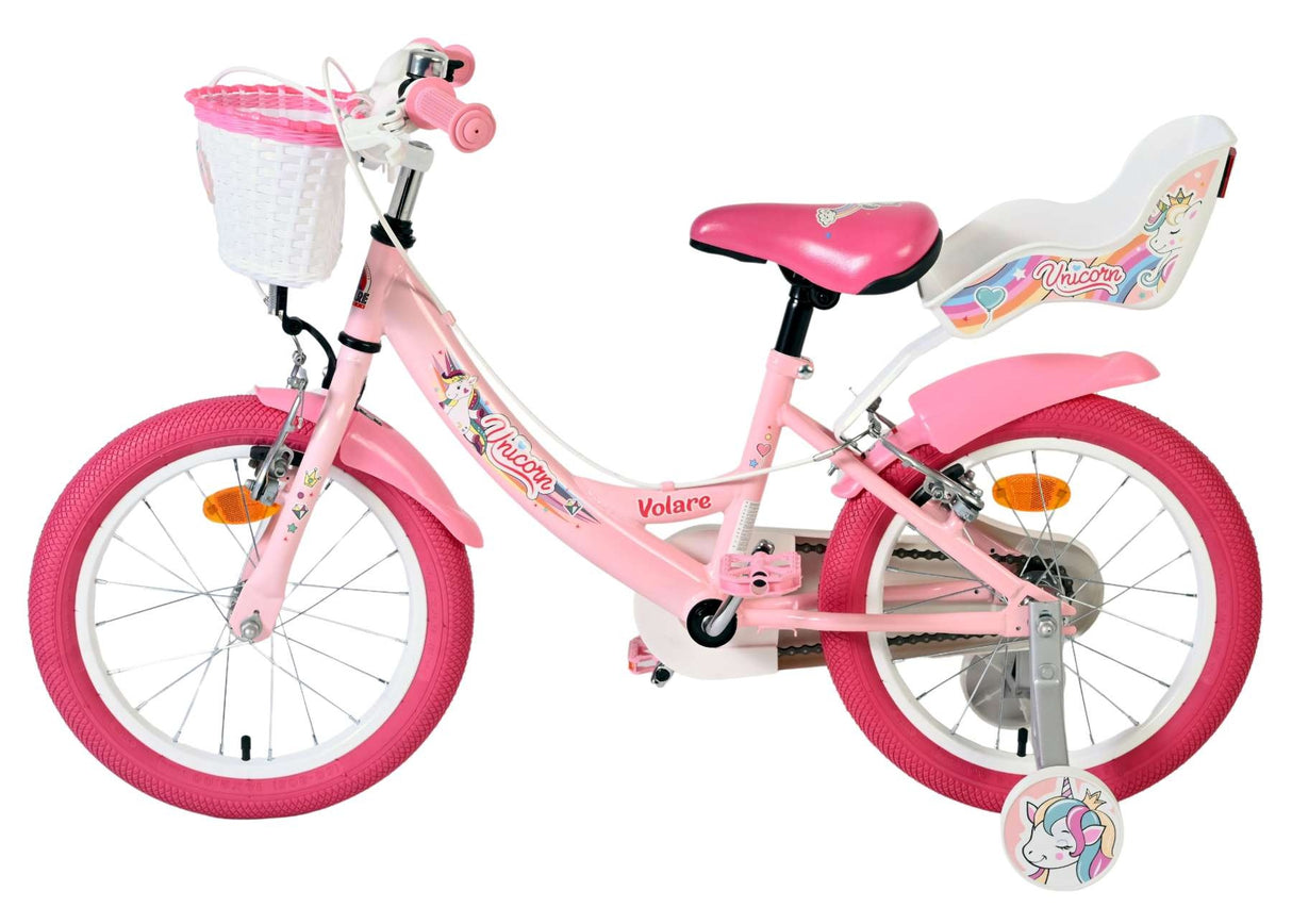 Rosa Kinderfahrrad mit Korb und Einhorn-Motiv, 16 Zoll Reifen