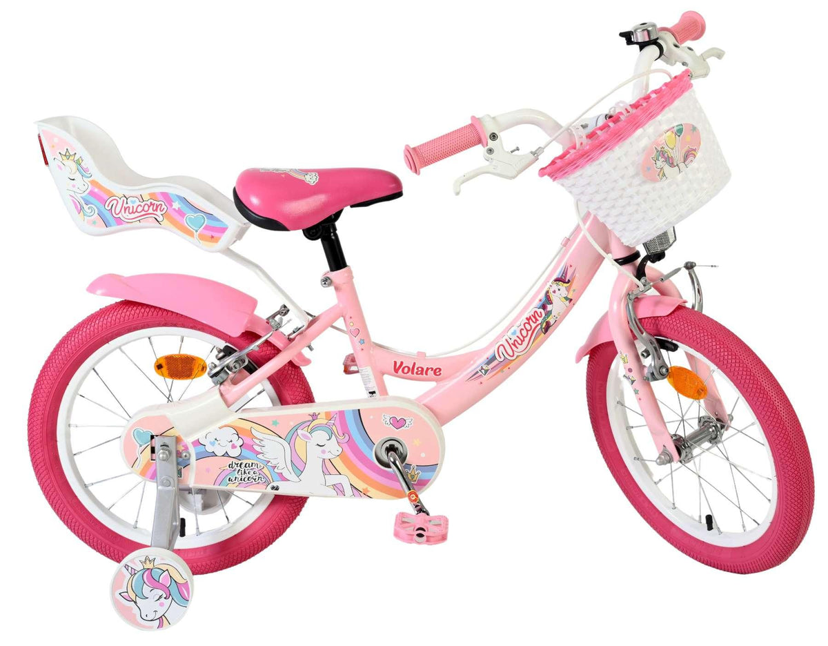 Rosa Kinderfahrrad mit Einhorn-Motiv und Korb vorne