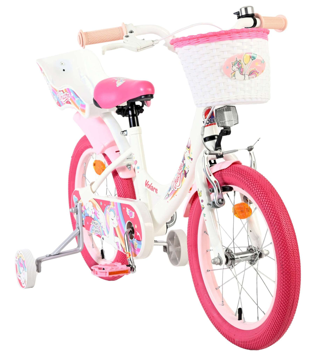 Kinderfahrrad in Weiß mit pinken Akzenten und Korb vorne