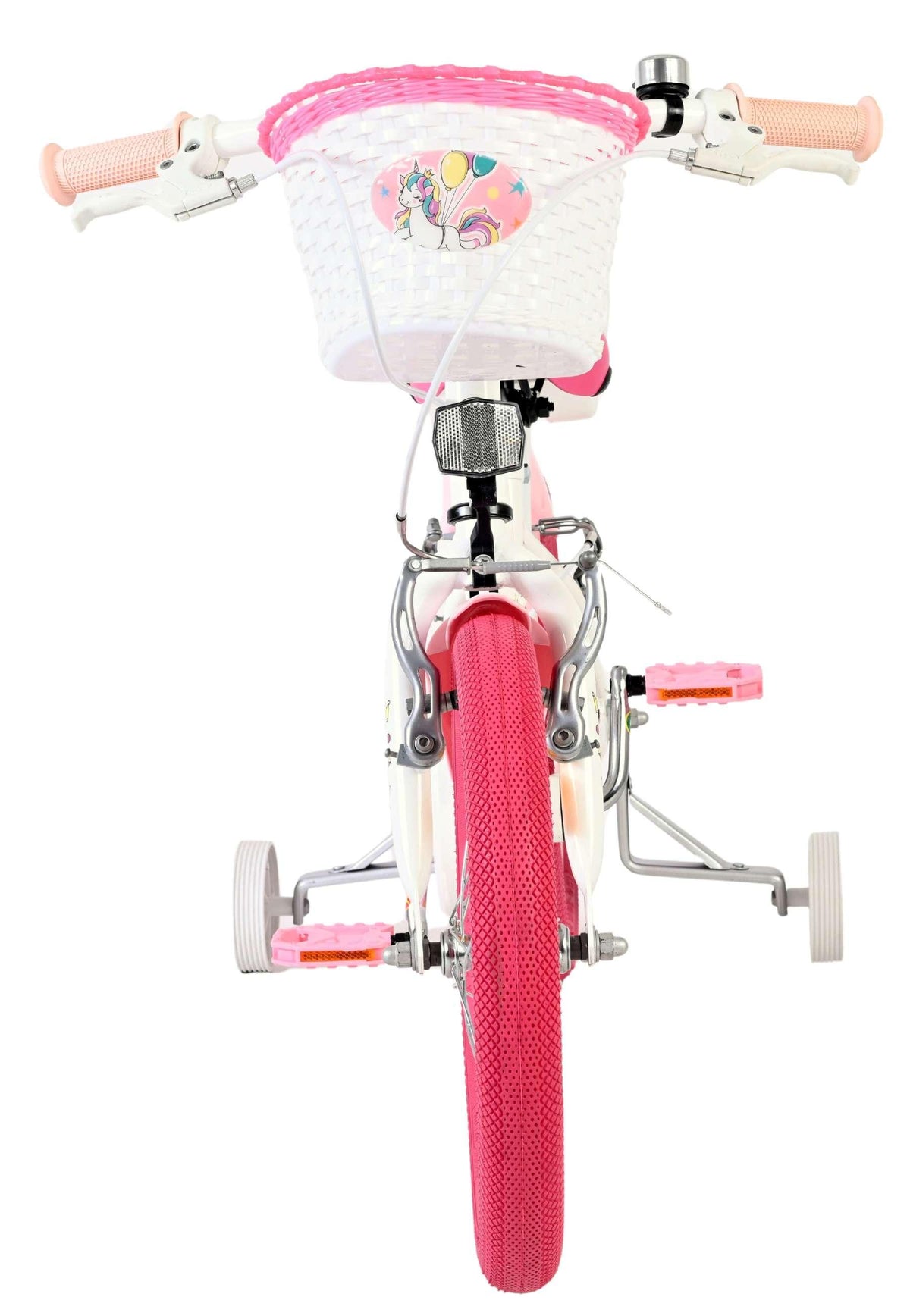 Kinderfahrrad mit pinkem Korb und bunten Griffen, weiße Rahmenfarbe