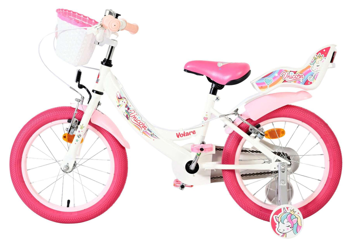 Kinderfahrrad in Weiß und Pink mit Einhorn-Motiv und Korb