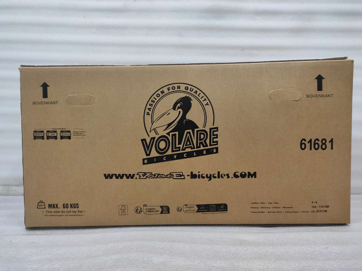 Kartonverpackung für ein Fahrrad mit Logo und Gewichtshinweis