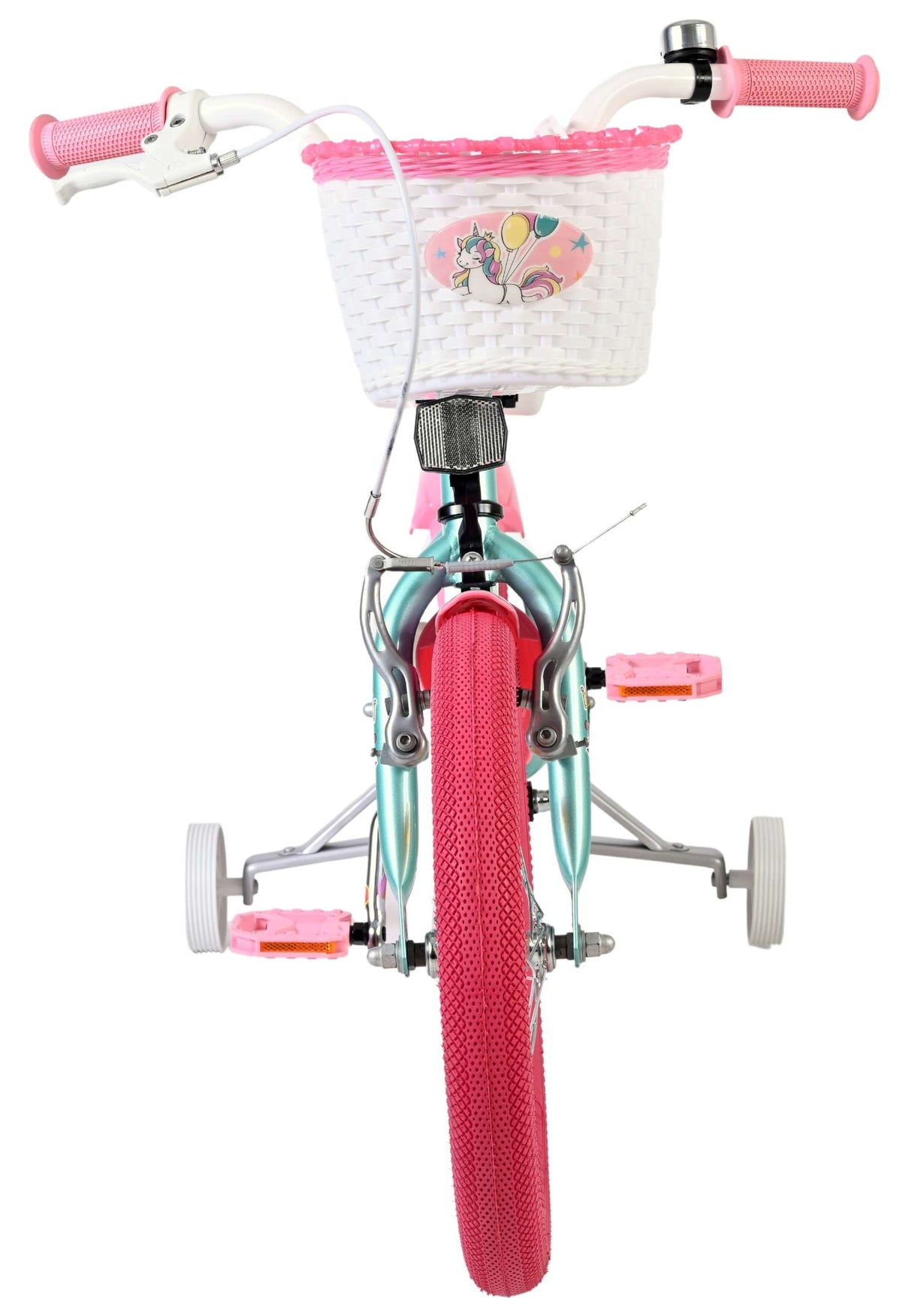 Kinderfahrrad mit pinken Reifen und einem Korb mit Einhornmotiv