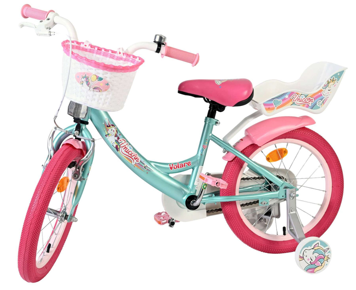 Kinderfahrrad in Mintgrün mit pinken Akzenten und Korb vorne