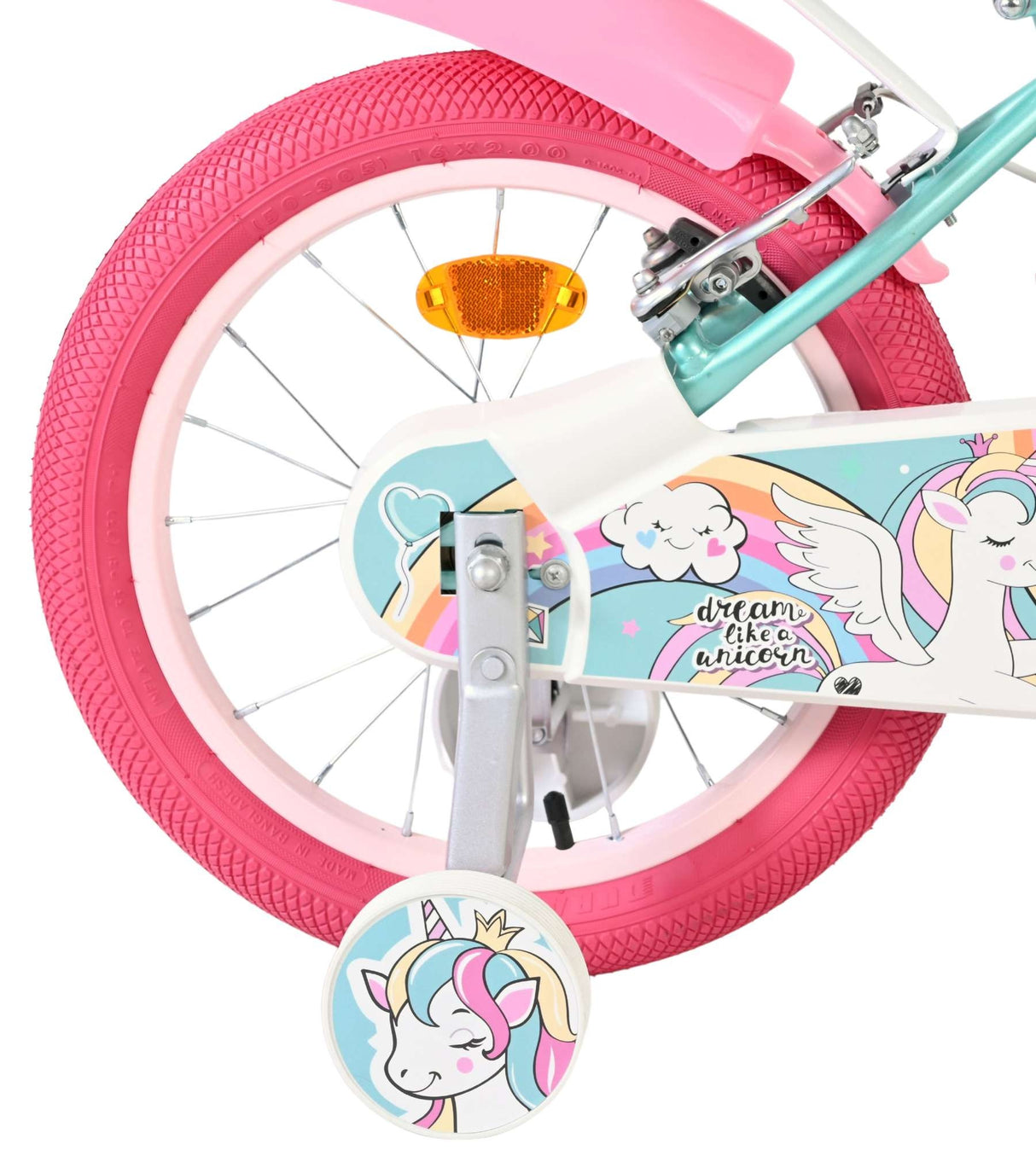 Buntes Kinderfahrrad mit Einhorn-Motiv und pinken Reifen