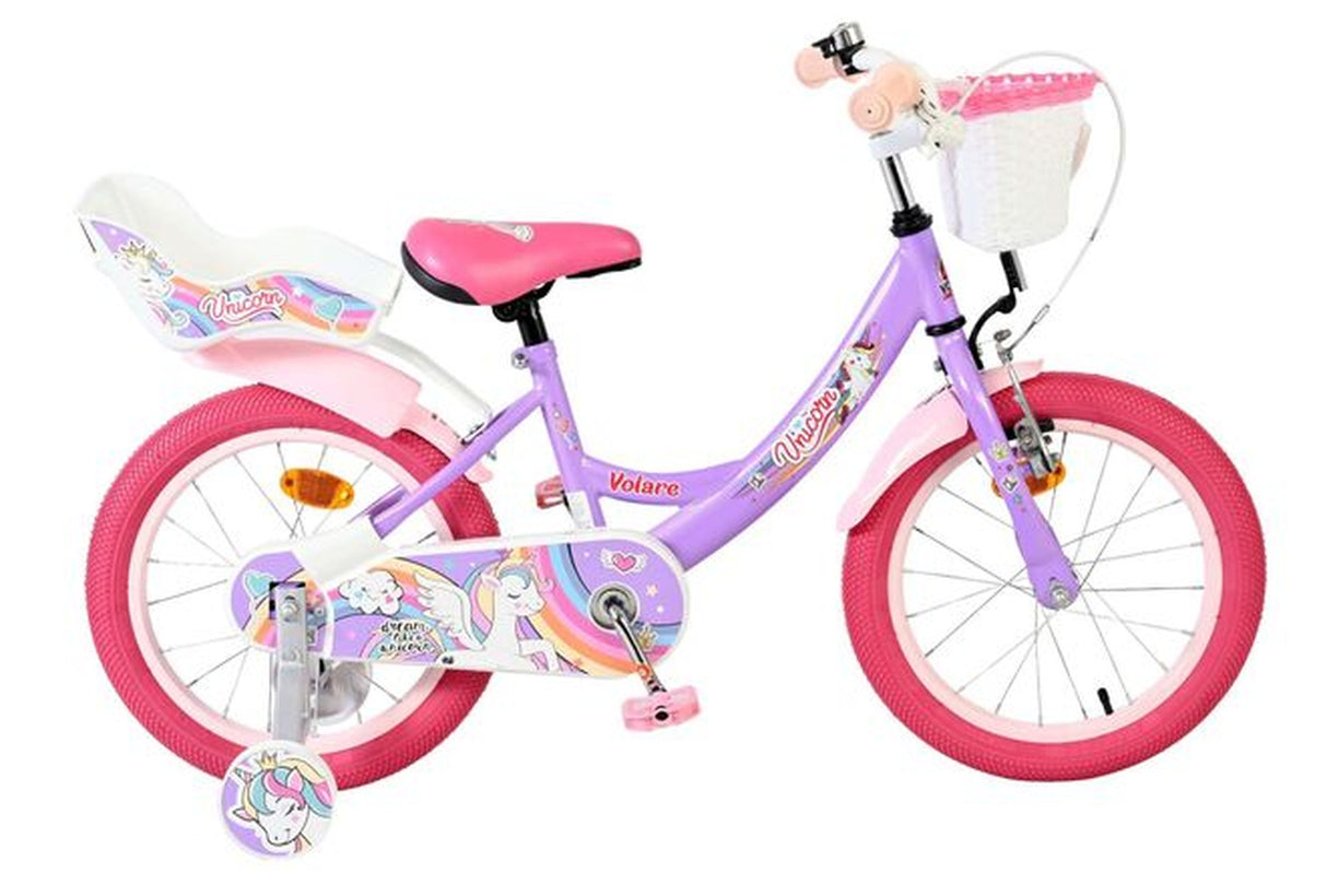 Lila Kinderfahrrad mit Einhorn-Motiv und pinken Reifen und Korb
