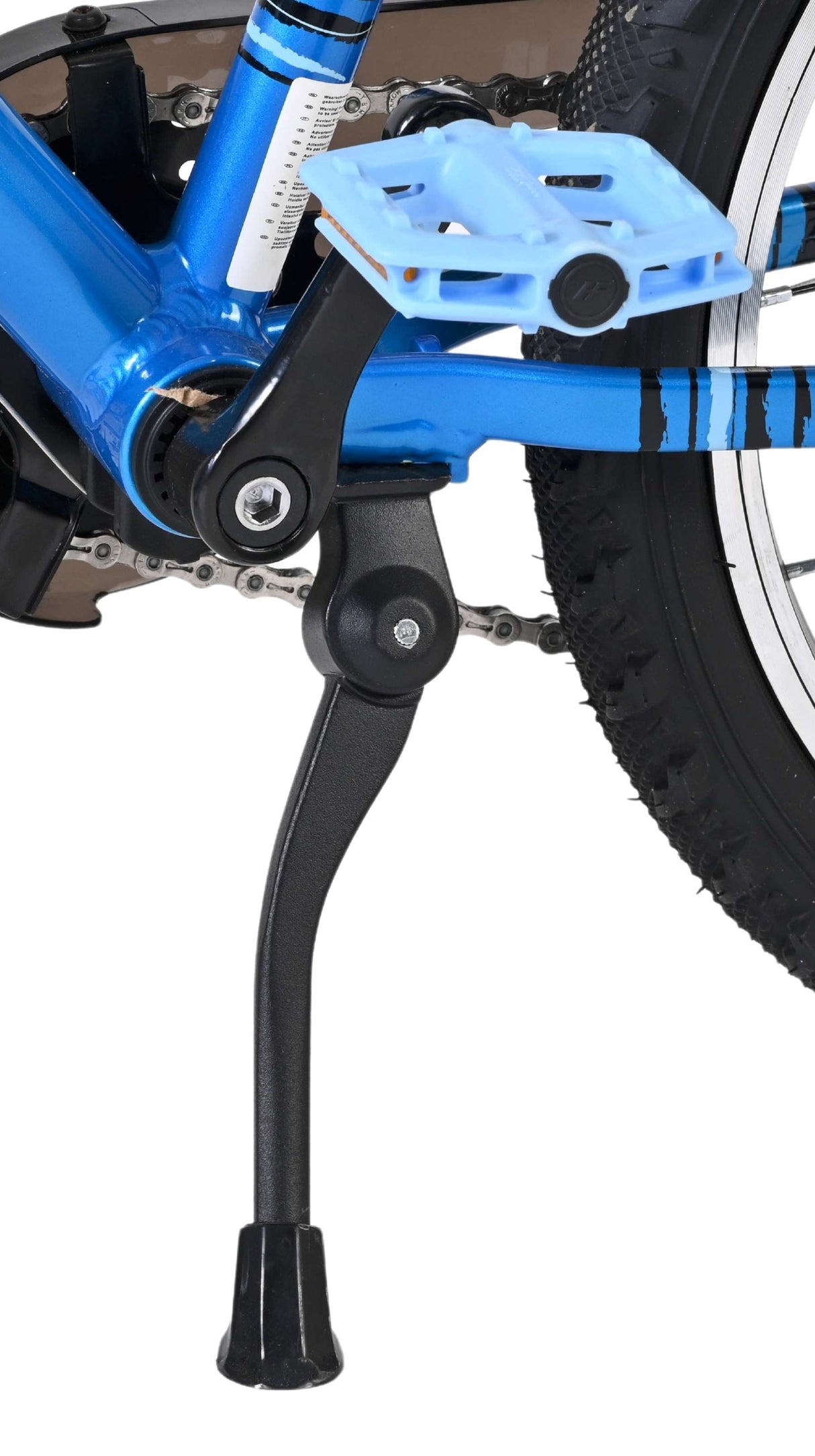 Blaue Fahrradpedale mit schwarzem Seitenständer und Gummifuß