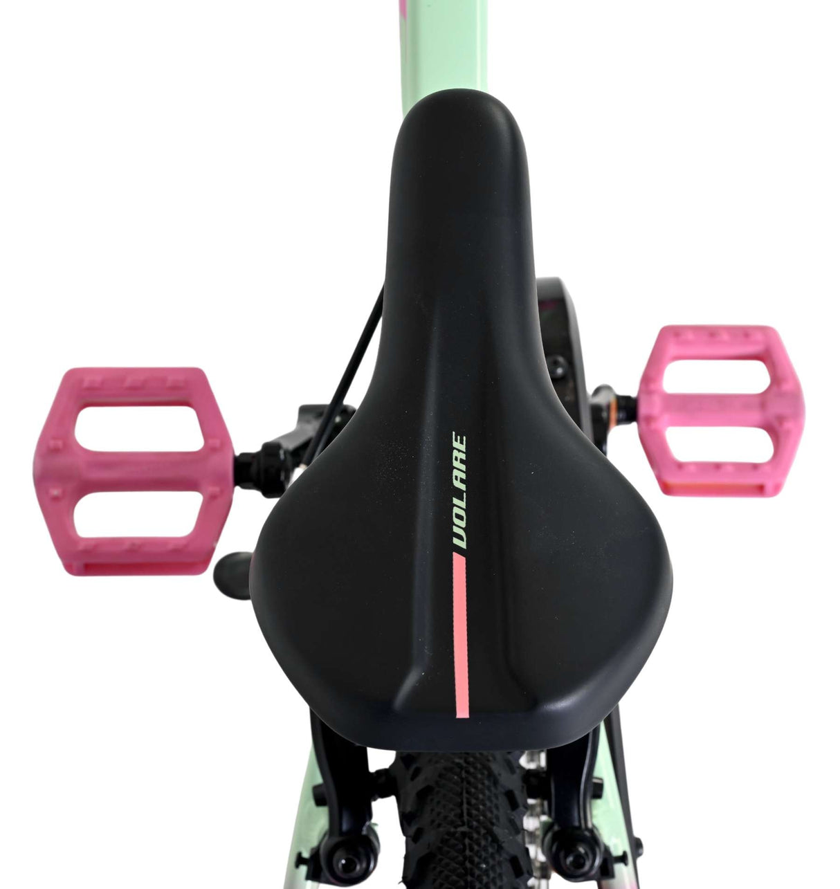 Schwarzer Fahrradsattel mit pinken Pedalen und mintgrünem Rahmen