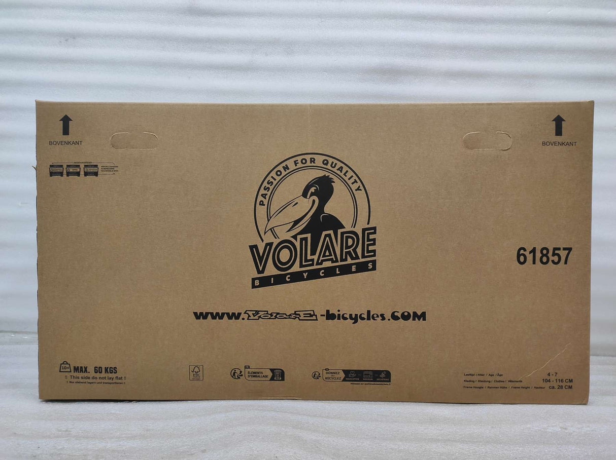 Kartonverpackung für ein Fahrrad mit Logo und Gewichtsangabe