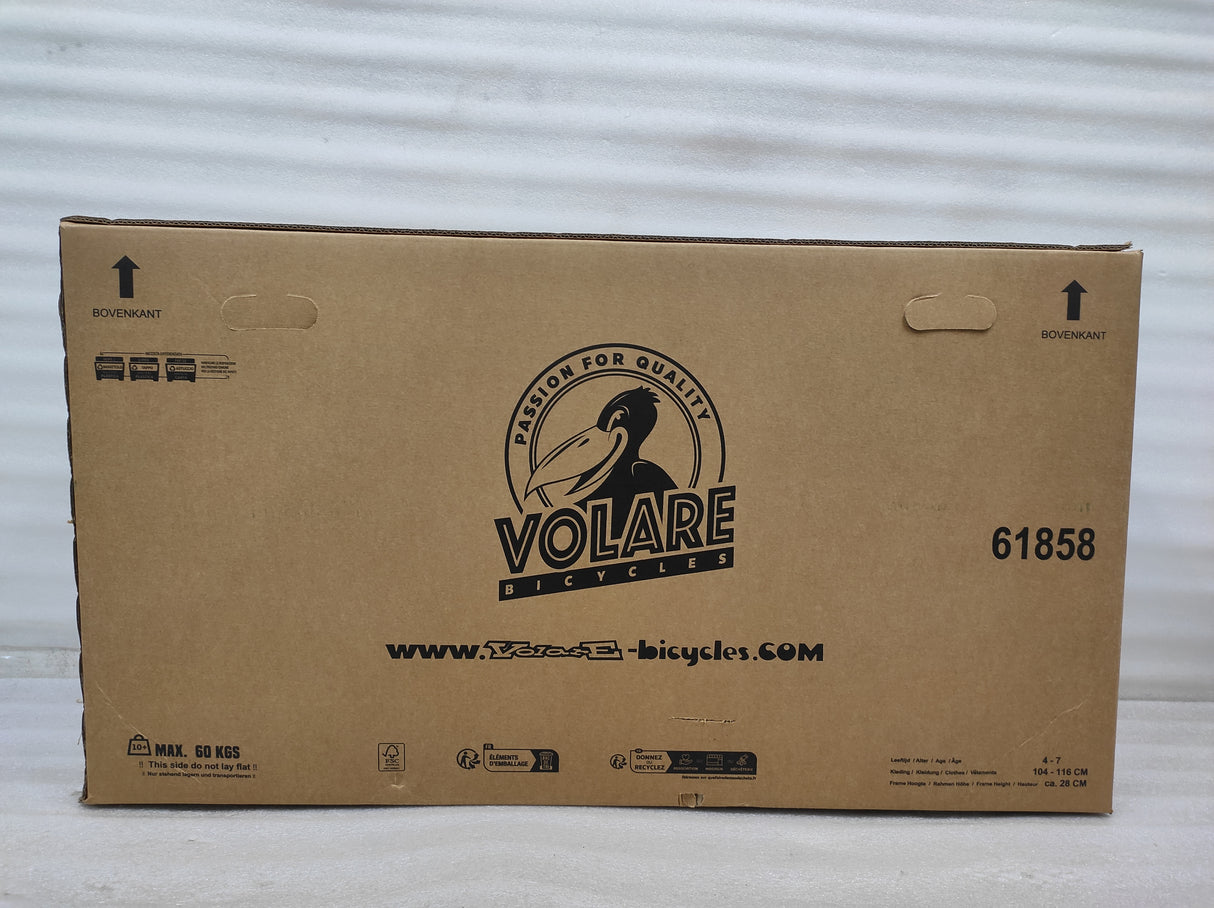 Kartonverpackung für ein Fahrrad mit Logo und Gewichtsangabe
