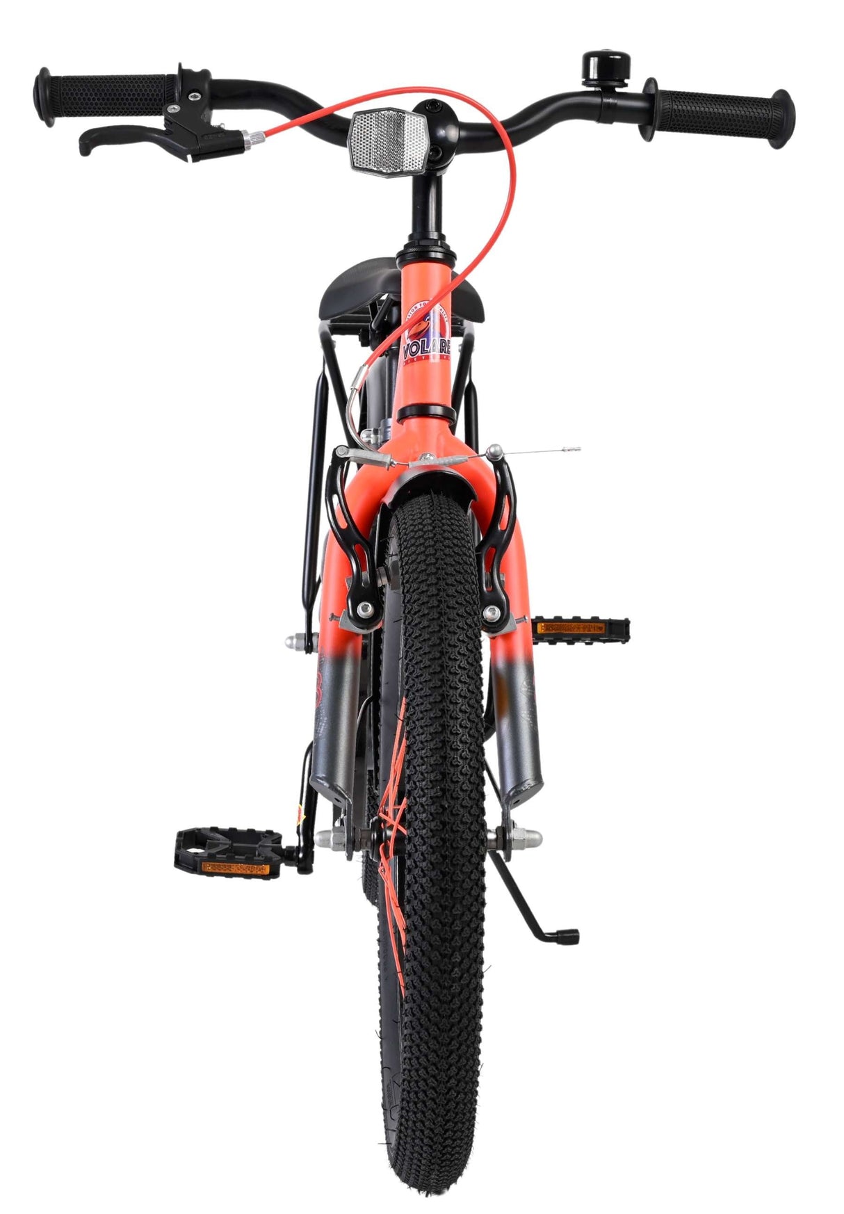 Fahrrad mit orangefarbenem Rahmen, breiten Reifen und sportlichem Lenker