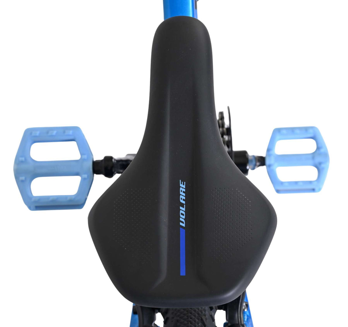 Schwarzer Fahrradsattel mit blauen Pedalen und strukturiertem Design