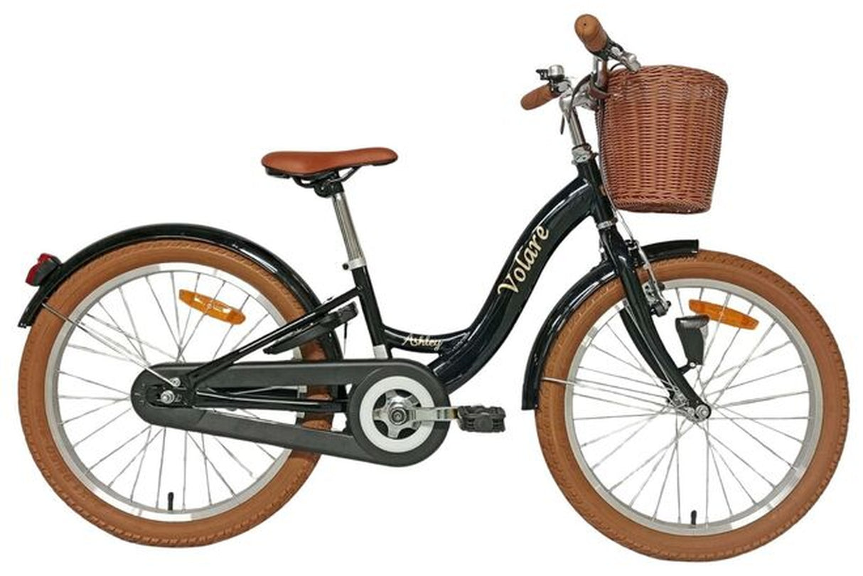 Schwarzes Kinderfahrrad mit Korb und braunen Reifen