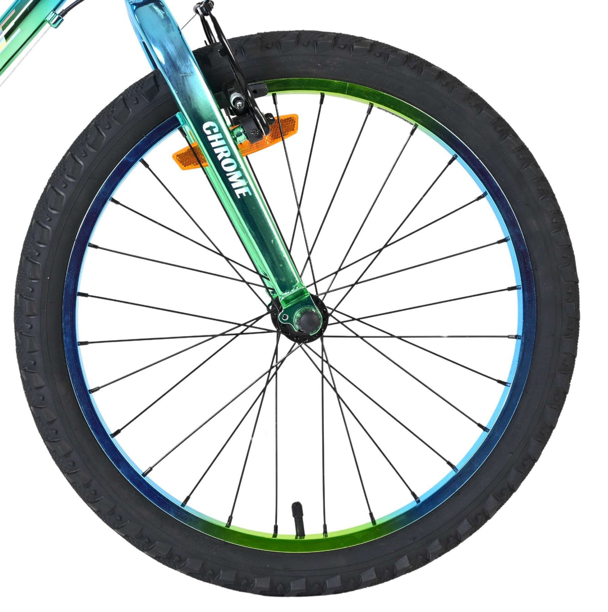 Bunte Fahrradfelge mit grün-blauem Farbverlauf und schwarzem Reifen